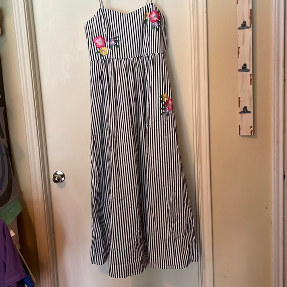 Belle Badgley Mischka Navy/White Stripe Long Dress